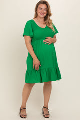 Green Smocked Ruffle Hem Maternity Plus Dress