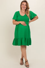 Green Smocked Ruffle Hem Maternity Plus Dress