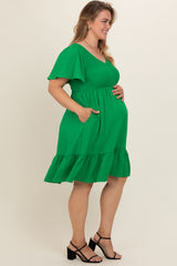 Green Smocked Ruffle Hem Maternity Plus Dress