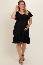 Black Smocked Ruffle Hem Maternity Plus Dress