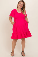 Fuchsia Smocked Ruffle Hem Maternity Plus Dress