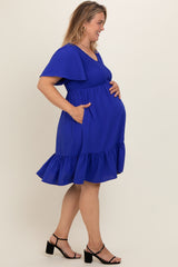 Royal Blue Smocked Ruffle Hem Maternity Plus Dress