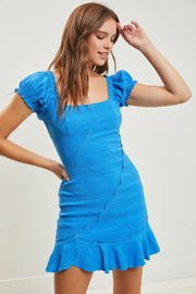 Blue Square Neck Puff Sleeve Dress