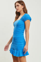 Blue Square Neck Puff Sleeve Dress