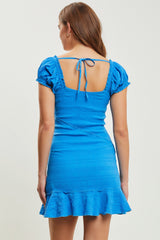 Blue Square Neck Puff Sleeve Dress