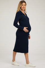 Navy Collared Long Sleeve Sweater Maternity Midi Dress