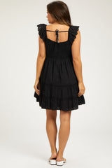 Black Textured Polka Dot Eyelet Shoulder V-Neck Maternity Dress