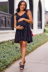 Black Textured Polka Dot Eyelet Shoulder V-Neck Maternity Dress