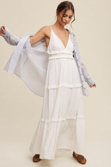 Cream Striped Ruffle Tiered Maternity Maxi Dress