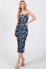 Blue Velvet Floral Ruched Mesh Maternity Midi Dress