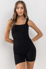 Black Ribbed Square Neck Sleeveless Maternity Romper