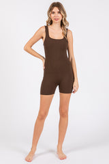 Brown Ribbed Square Neck Sleeveless Romper