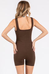 Brown Ribbed Square Neck Sleeveless Romper