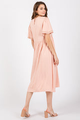 Peach Short Sleeve V-Neck Midi Dress