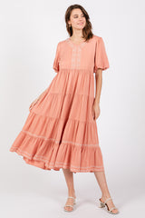 Salmon Short Sleeve Tiered Maternity Dress