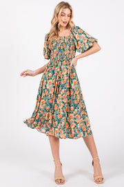 Blue Floral Square Neck Smocked Short Puff Sleeve Midi Dress