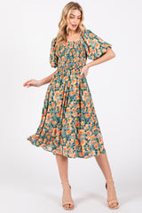 Blue Floral Square Neck Smocked Short Puff Sleeve Maternity Midi Dress