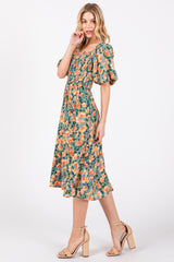 Blue Floral Square Neck Smocked Short Puff Sleeve Midi Dress