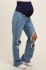 Blue Distressed Open Knee Maternity Wide Leg Jeans