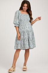 Light Blue Floral Smocked Maternity Knee Length Dress