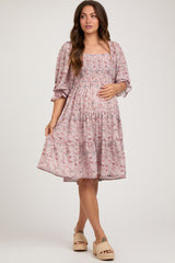 Light Pink Floral Smocked Maternity Knee Length Dress