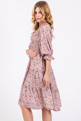 Light Pink Floral Smocked Knee Length Dress