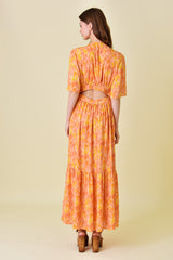 Orange Print Back Cutout Maxi Dress