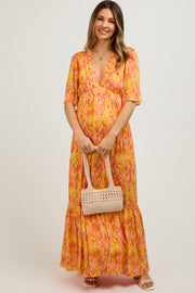 Orange Print Back Cutout Maternity Maxi Dress