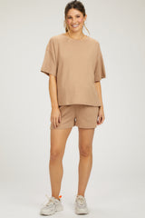 Taupe Ribbed Short Sleeve Maternity Short Set