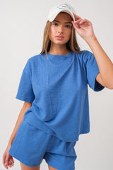 Blue Ribbed Short Sleeve Short Set