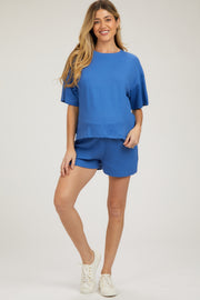 Blue Ribbed Short Sleeve Maternity Short Set