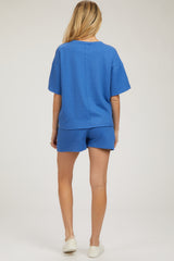 Blue Ribbed Short Sleeve Maternity Short Set