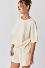 Cream Ribbed Short Sleeve Short Set