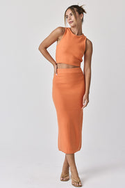 Orange Sleeveless Crop Skirt Set