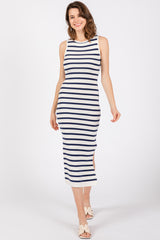 White Navy Striped Knit Sleeveless Side Slit Maternity Midi Dress