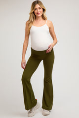 Olive Fold-Over Waistband Flared Maternity Leggings