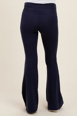 Navy Blue Fold-Over Waistband Flared Maternity Leggings