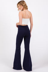 Navy Blue Fold-Over Waistband Flared Leggings