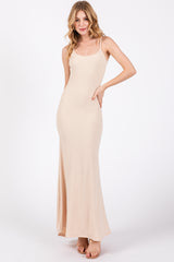 Cream Sleeveless Ribbed Maternity Maxi Dress