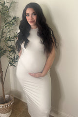 Cream Fitted Short Sleeve Maternity Maxi Dress