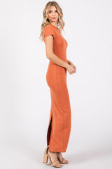 Rust Fitted Short Sleeve Maxi Dress