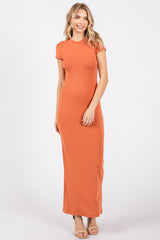 Rust Fitted Short Sleeve Maxi Dress