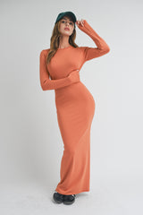 Rust Long Sleeve Fitted Maxi Dress