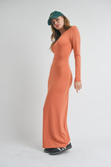 Rust Long Sleeve Fitted Maxi Dress