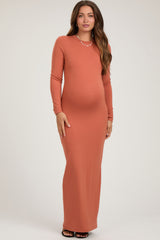 Rust Long Sleeve Fitted Maternity Maxi Dress