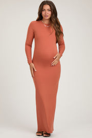 Rust Long Sleeve Fitted Maternity Maxi Dress