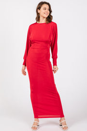 Red Long Sleeve Open Back Maxi Dress