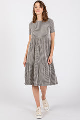 Ivory Black Striped Ribbed Tiered Dress