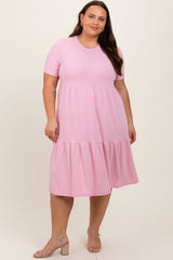 Pink Ribbed Tiered Maternity Plus Dress