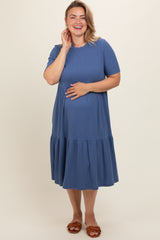 Blue Ribbed Tiered Maternity Plus Dress